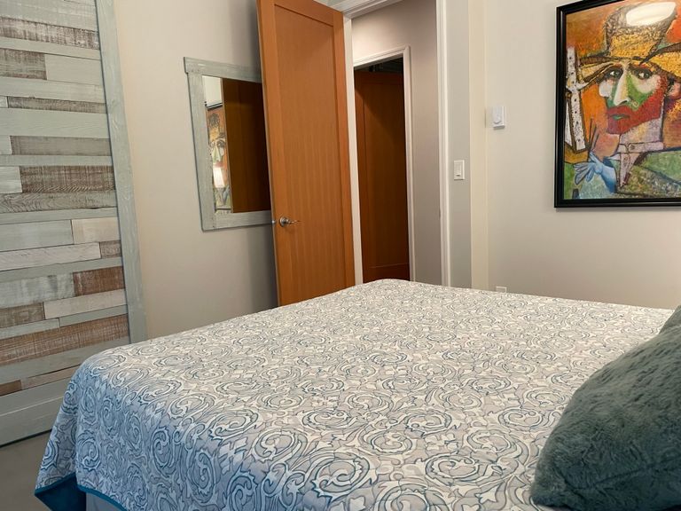 Green Room bed and art work and layout